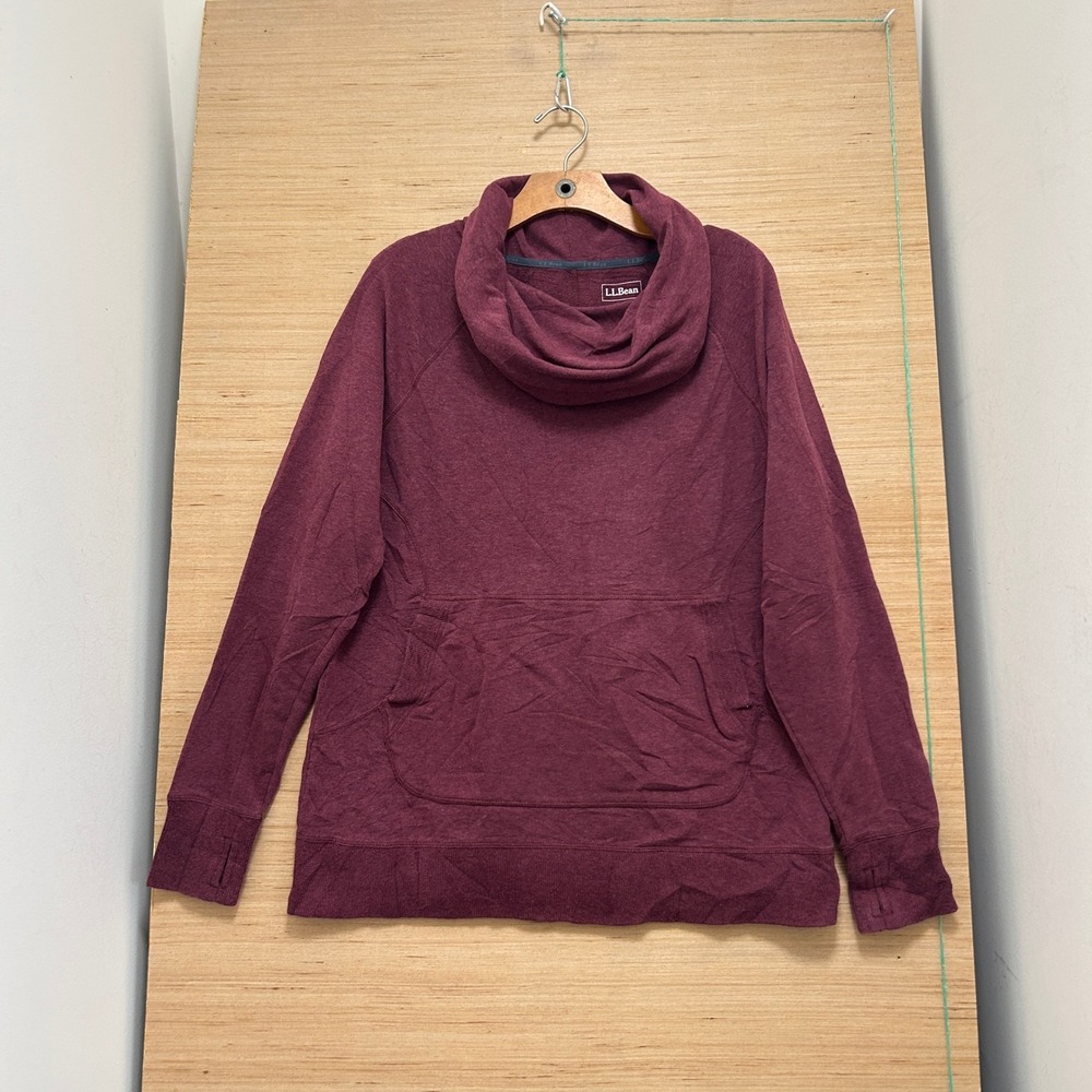 LL Bean Womens Cowl Neck Sweatshirt Burgundy Maroon Thumbhole Pullover L REG